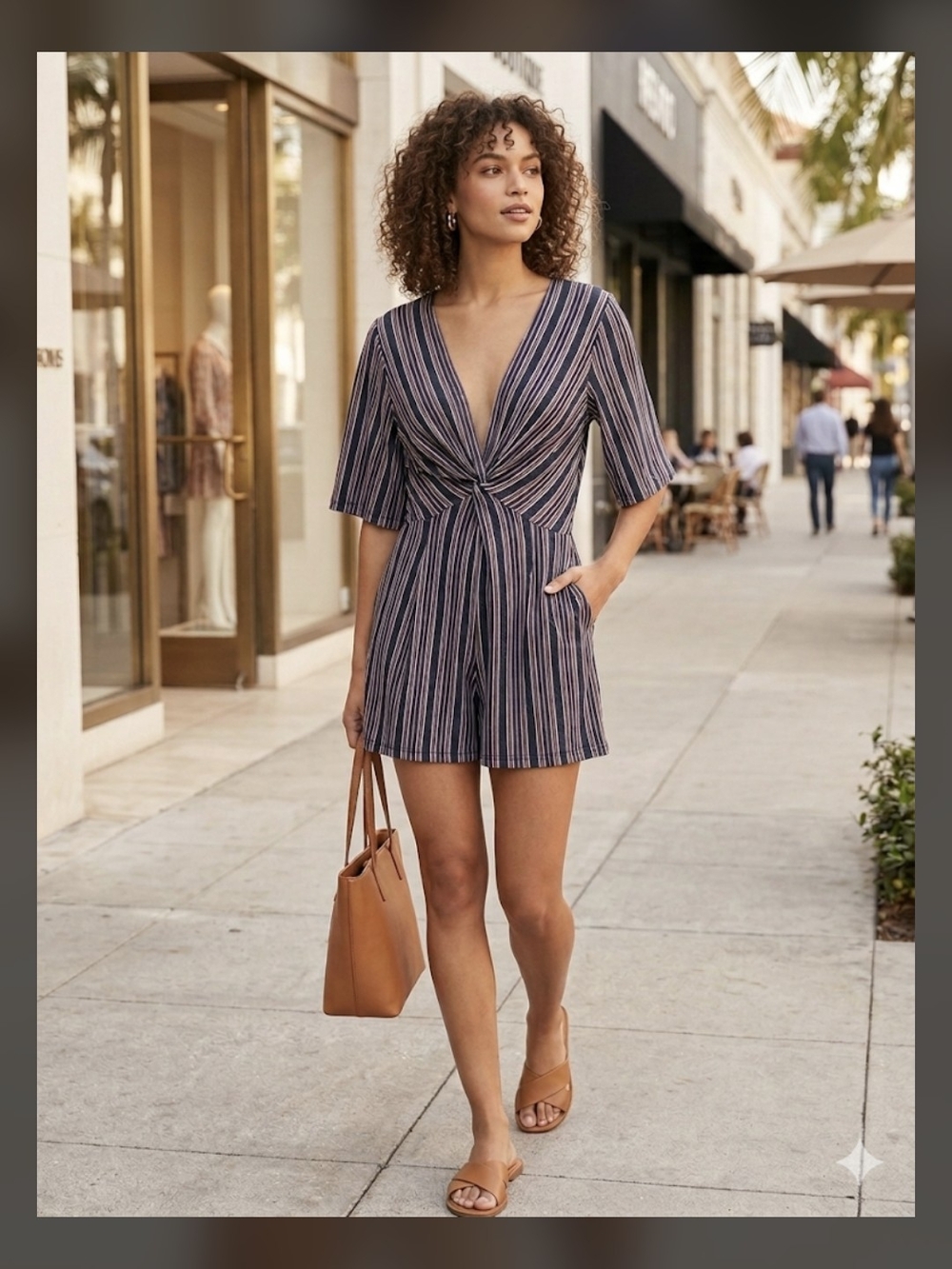 BCBGeneration Navy and Pink Striped Knot-Front Romper Dress